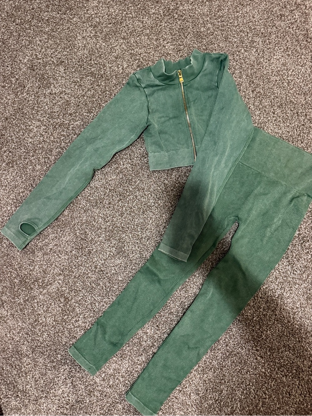 Green Ribbed Zip-Front Crop Top & Leggings Set